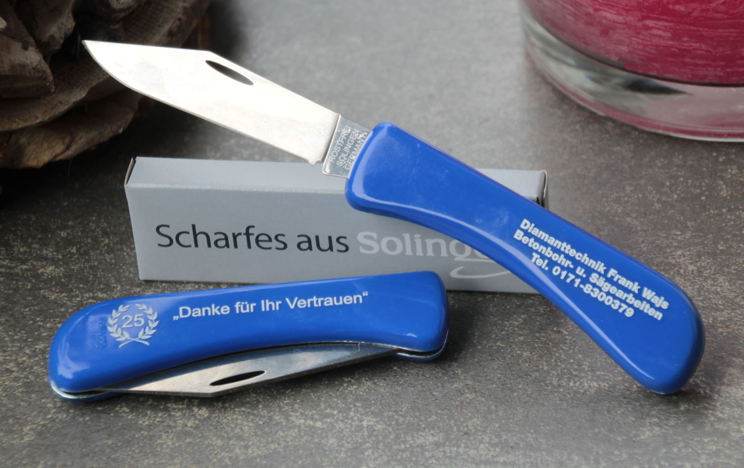 WINSERV-Taschenmesser mit rostfreier Klinge, Made in Solingen, Werbung auf den Griffschalen