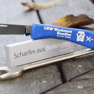 Taschenmesser mit Teflonklinge und Werbeaufdruck